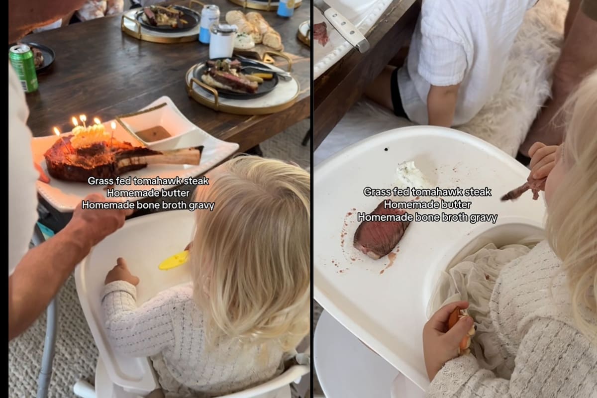 La pequeña sopló las velas y luego disfrutó una porción del particular pastel. (TikTok)