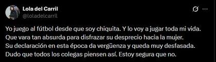 La periodista, en su cuenta de X, dio su perspectiva sobre la inclusión femenina en el fútbol