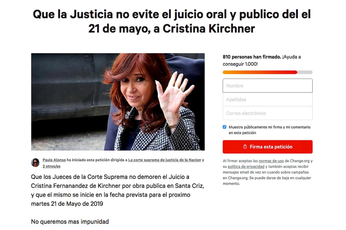 La petición en Change.org fue creada luego de la sorpresiva decisión de la Corte que obligaría a postergar el primer juicio oral contra la expresidenta