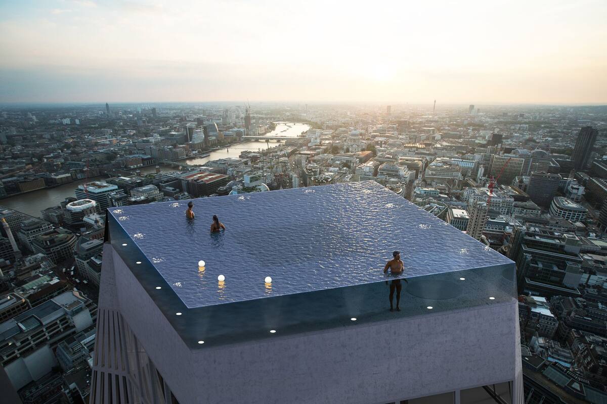 La pileta del Infinity London ocupará toda la terraza del edificio; se entrará por una escotilla submarina que se elevará hacia la superficie