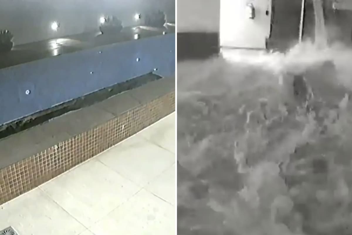 La pileta se desfondó e inundó el estacionamiento del edificio.