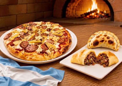 La pizza y la empanada Cabuleras llevan salsa de tomate, muzzarella, chorizo, provoleta y chimichurri pizzero