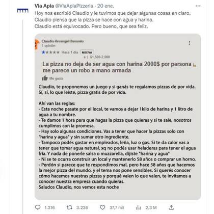 La pizzería Vía Apia subió a su cuenta de Twitter la queja del cliente y su propia respuesta