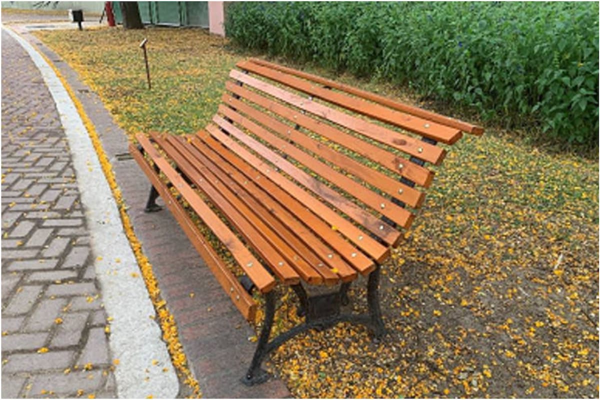 La placa conmemorativa en un banco de plaza que se volvió viral por su insólito mensaje