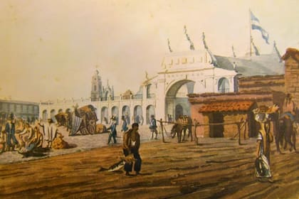 La Plaza del Fuerte, actual costado este de la Plaza de Mayo, reproducido por Emeric Essex Vidal. En el sitio donde se ve el gran arco de la recova, hoy se encuentra la Pirámide de Mayo.