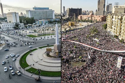 La plaza Tahrir de Egipto en la actualidad y en febrero de 2011 cuando renunció Hosni Mubarak