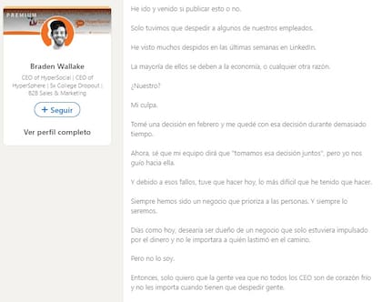 La polémica publicación de Branden Wallake en LinkedIn luego de haber despedido a gran parte de su personal