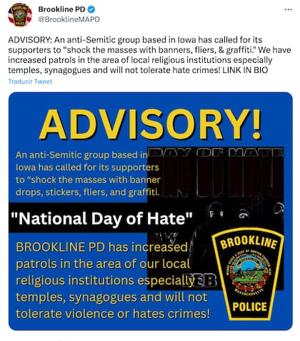 La policía de Brookline, Massachusetts, advirtió sobre el Día del odio, convocado por diversos grupos antisemitas en EE.UU.