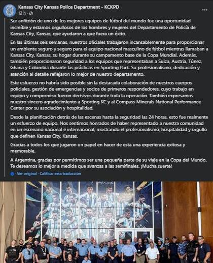 La Policía de Kansas y un emotivo mensaje para la selección argentina.