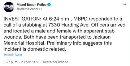 La policía de Miami Beach alertó sobre una investigación por un caso de apuñalamiento