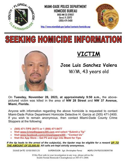 La policía de Miami difundió esta imagen para solicitar información que lleve a la captura de más personas involucradas en el asesinato