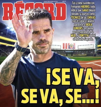 La portada de este jueves del diario Récord, que supone que la salida de Gago es inminente en Guadalajara, rumbo a Boca.
