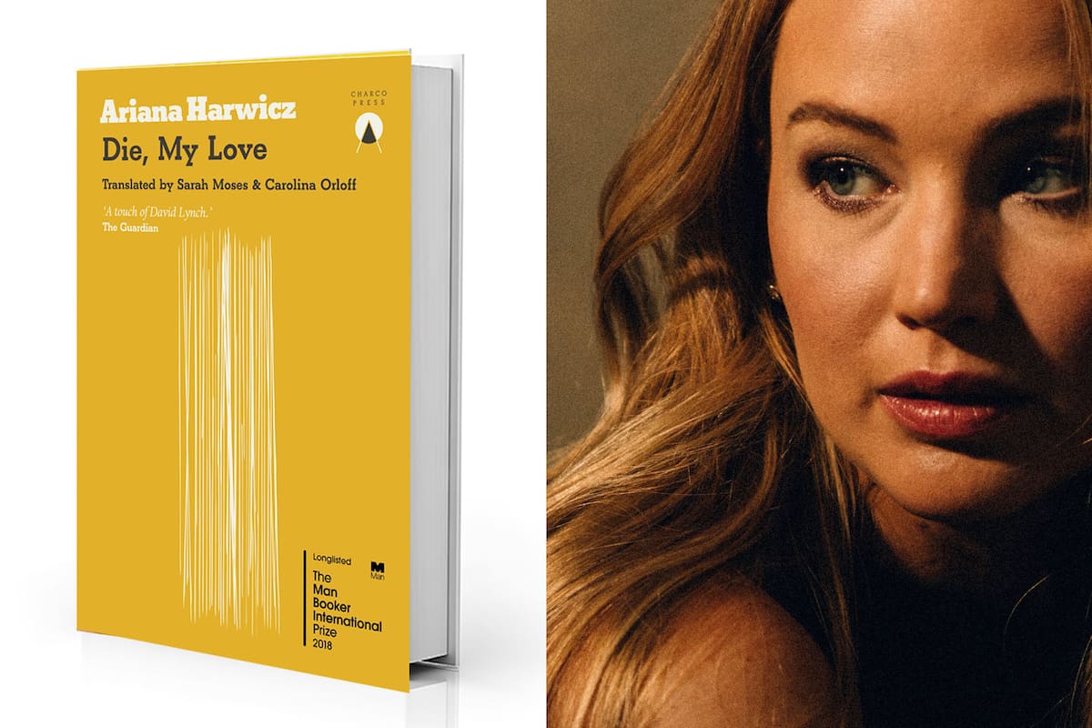 La portada de la edición en inglés de "Die, my Love" y la actriz Jennifer Lawrence, que protagonizará la película basada en la novela de la argentina Ariana Harwicz
