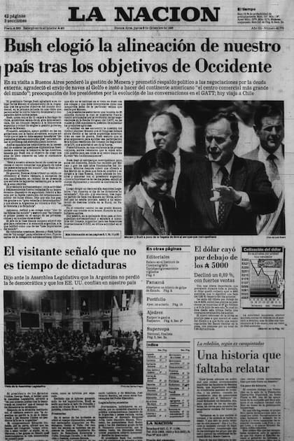 La portada de La Nación da cuenta de lo que fue el intenso día de la visita de George Bush en la Argentina