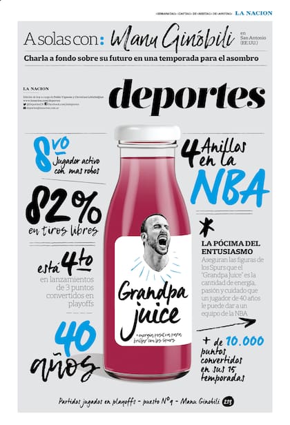 La portada de LA NACION Deportes: el "Grandpa Juice" de Manu Ginóbili