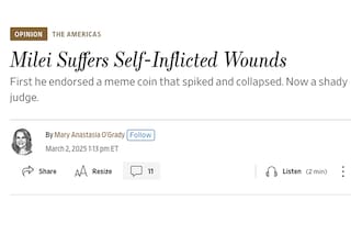 Dura columna de The Wall Street Journal contra Milei por la designación de Lijo y la "estafa" cripto