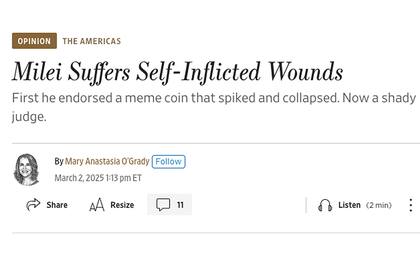 La portada de la nota de The Wall Street Journal sobre el presidente Javier Milei