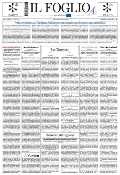 La portada de la primera edición impresa de Il Foglio AI. Crédito: EL PAÍS.