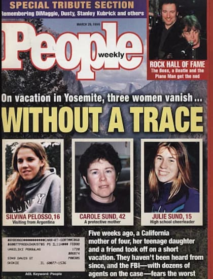 La portada de la revista People Weekly, del 29 de marzo de 1999. La historia principal que destaca el medio es la desaparición de las tres mujeres durante unas vacaciones en el parque nacional de Yosemite, California. El título dramático “WITHOUT A TRACE” ("Sin dejar rastro") enfatiza la gravedad del caso.