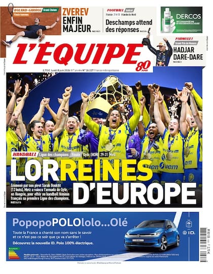 La portada de L'Equipe de este lunes, con Zverev relegado por el título europeo de Metz en handball femenino