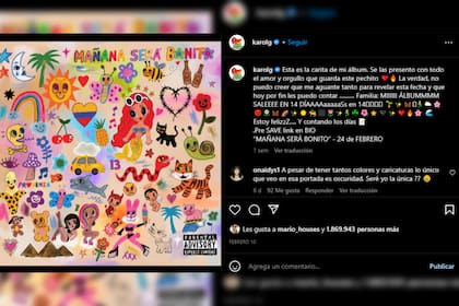 La portada del álbum es colorido y con diversas figuras (Foto Instagram @karolg)