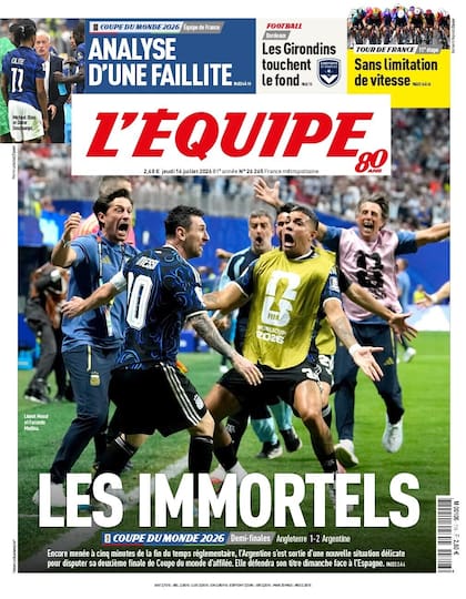 La portada del diario francés L'Equipe tras la victoria argentina sobre Inglaterra