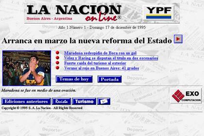 La portada que mostraba LA NACION en su primera versión Web, con la partida de Diego Maradona de Boca como noticia destacada
