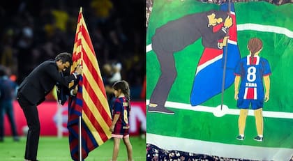 La postal inolvidable de Luis Enrique junto a Xana, cuando ganó la Champions League con Barcelona en 2015, fue replicada en una bandera por la hinchada de PSG cuando conquistó la "Orejona" el año pasado.