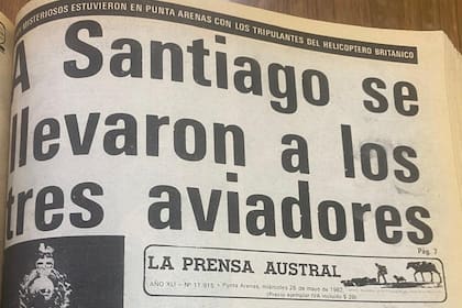 La Prensa Austral publico la noticia del rescate de los tres pilotos del Sea King. Si bien la crónica habla de "misterio", jamás menciona a los 8 comando británicos que iban en el helicóptero