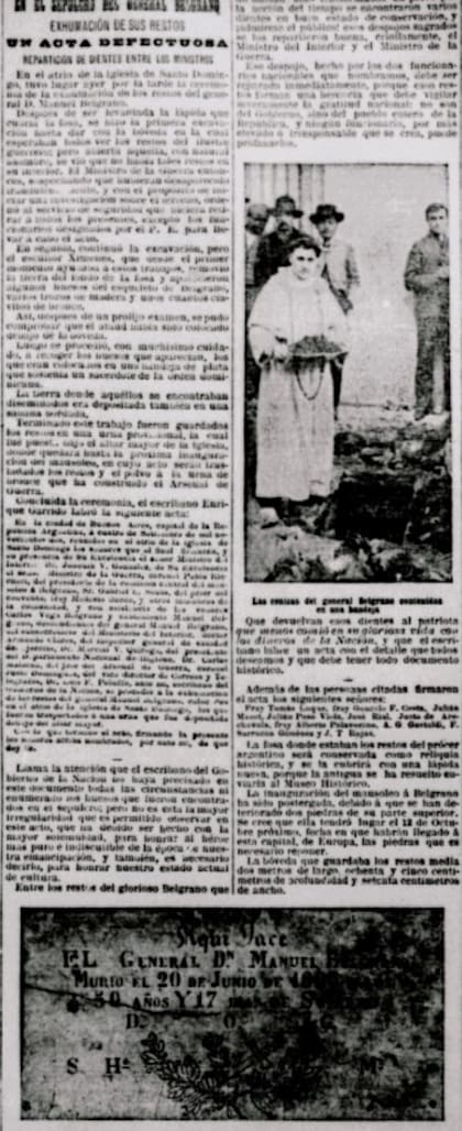 La Prensa contó sobre la ceremonia de exhumación y el robo de los dientes de Belgrano