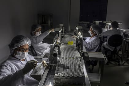 La preparación de dosis de la vacuna china CoronaVac en un laboratorio de San Pablo