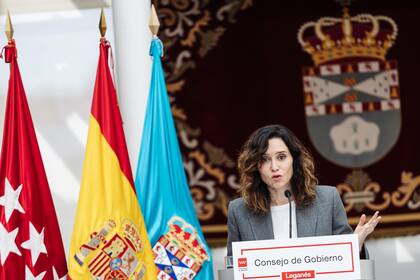 La presidenta de la Comunidad de Madrid, Isabel Díaz Ayuso, ofrece una rueda de prensa tras la reunión del Consejo de Gobierno que, de forma extraordinaria, se celebra en el Ayuntamiento de Leganés, a 13 de marzo de 2024