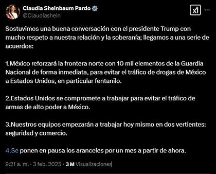 La presidenta de México enumeró los acuerdos a los que llegó con su homónimo en Estados Unidos