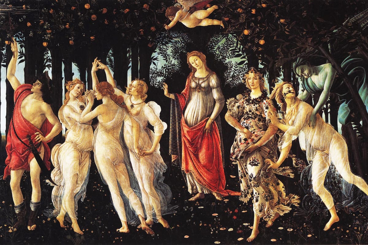 La Primavera, del pintor renacentista Sandro Botticelli. Venus está de pie en el centro del cuadro. Sobre ella, Cupido apunta una de sus flechas de amor a las Cárites (Las Tres Gracias).