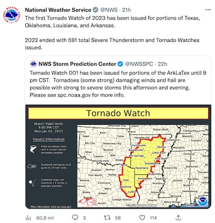 La primera alerta de tornado de 2023 se emitió para partes de Texas, Oklahoma, Luisiana y Arkansas
