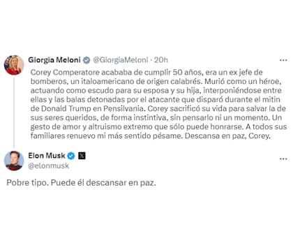 La primera ministra de italia se lamentó por la muerte de Corey Comperatore; Elon Musk respondió el posteo