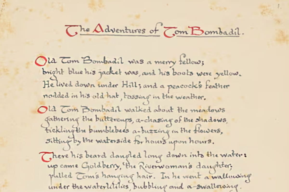 La primera página de un manuscrito holográfico de "Las Aventuras de Tom Bombadil" de JRR Tolkien, del año 1962 aproximadamente