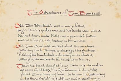 La primera página de un manuscrito holográfico de "Las Aventuras de Tom Bombadil" de JRR Tolkien, del año 1962 aproximadamente