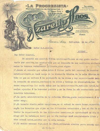 La primera página del contrato firmado por Gabriel Simonnet Dubois y Azaretto Hermanos el 26 de noviembre de 1908.