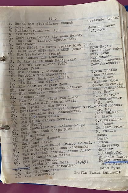 La primera página del listado de libros que leyó la abuela del tuitero Ben Myers, entre 1943 y 2023