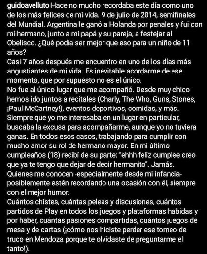 La primera parte del texto que subió Guido Avelluto para despedir a su hermano Nicolás
