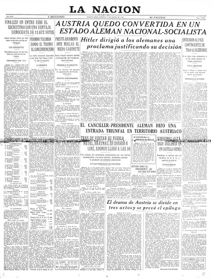 La primera plana de La Nación informa sobre la anexión del territorio austríaco a Alemania, un hecho histórico conocido como Anschluss, que pondría en peligro la vida de Schwarzenberg
