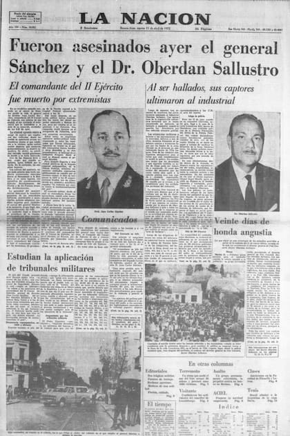 La primera plana de La Nación informa sobre los asesinatos del empresario Oberdan Sallustro y del general Juan Carlos Sánchez, ambos por balas de grupos guerrilleros