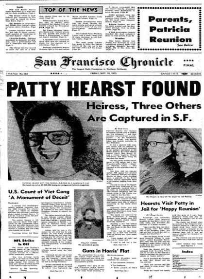 La primera plana de uno de los diarios de San Francisco con la noticias de la captura de Patty Hearns, en septiembre de 1975