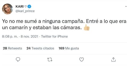 La Princesita Karina se despegó de cualquier cuestionamiento político a través de un mensaje en su cuenta de Twitter