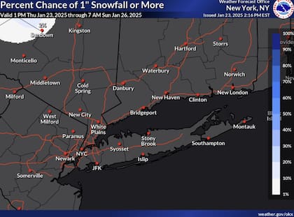 La probabilidad de que caiga al menos 2,5 centímetros de nieve en Nueva York antes del sábado