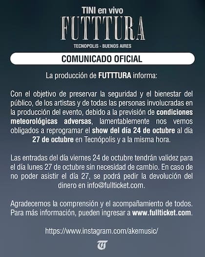 La producción de Futttura anunció la suspensión del show del 24 de octubre