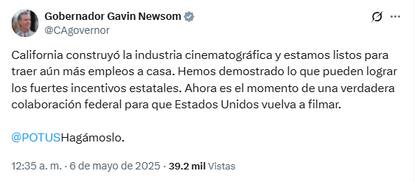 La propuesta de Newsom implicaría la intervención del gobierno federal para impulsar la producción cinematográfica y televisiva en Estados Unidos
