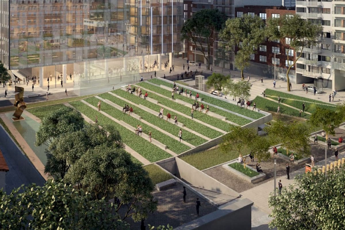 La proyección de cómo quedaría la plaza donde hoy funciona un estacionamiento privado; al lado, se construiría un edificio