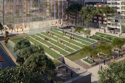 La proyección de cómo quedaría la plaza donde hoy funciona un estacionamiento privado; al lado, se construiría un edificio